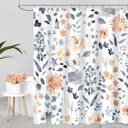Blue Floral Shower Curtain 60x72, Colorful Wildflower Plant Leaf Decor | Flower Botanical Leaf Bath Curtain Boho Vintage Rustic Fabric Shower Curtain Moody Maximalist Bathroom Decor - color: Blue, size: 60"W x 72"L (Pack of 1)