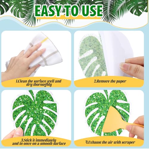 Yaomiao 24 Pcs Palm Leaf Non Slip Bathtub Stickers with Scraper | Shiny, Sparkle, Glitter, Peva, 4.53inch, Easy Apply, No Residue, for Bathroom, Shower Stairs Floor, Safety,Cute, Grip - style: Palm Leaf