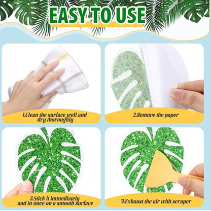 Yaomiao 24 Pcs Palm Leaf Non Slip Bathtub Stickers with Scraper | Shiny, Sparkle, Glitter, Peva, 4.53inch, Easy Apply, No Residue, for Bathroom, Shower Stairs Floor, Safety,Cute, Grip - style: Palm Leaf