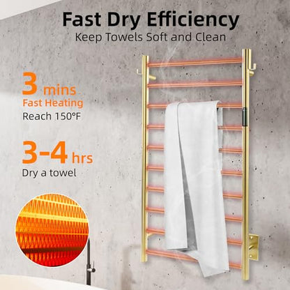 P&Dlusir EL13 Heated Towel Rack, Polished Gold, 10 Bar | Fast Heat in 2 Min, Smart Timer, Thermo Control, Memory Functoion, Stainless Steel, Hard-Wired/Plug-in - color: Polished Gold, size: 21.65"W x 39.37"H