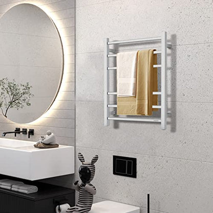 Towel Warmer Polished Chrome for Bathroom Wall Mounted Bath Towel Heater Plug-in Electric Heated Towel Rack Stainless Steel Square 6 Bars Drying Rack ETW13C 68W 26.77x20.47x4.13 inches