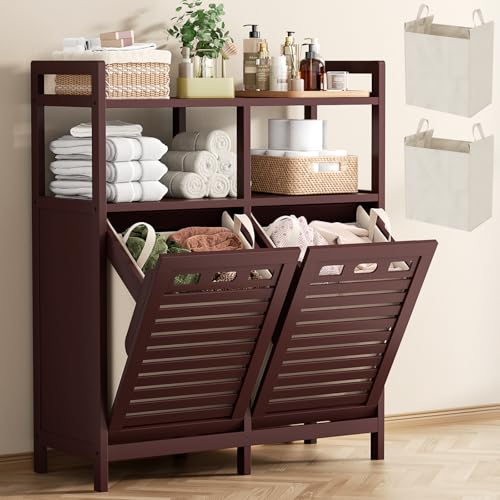 Tilt Out Laundry Hamper Cabinet, Bamboo Double Laundry Hamper with 2 Removable Laundry Baskets, 20 Gal Laundry Sorter Organizer with Shelf for Dirty Clothes, Bathroom, Laundry Room, Espresso - color: Espresso, size: Large