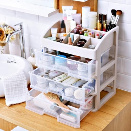 Makeup Organizer with 3 Drawers, Bathroom Vanity Countertop Storage for Cosmetics, Brushes, Lotion, Nail Lipstick and Jewelry (White) - color: White