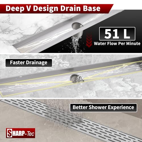 Sharp-tec Shower Drain, 28 inch Linear Shower Drain, Brushed 304 Stainless Steel Rectangular Shower Floor Drain with Adjustable Leveling Feet, Hair Strainer, cUPC Certified, ST-096-28S - color: Brushed Nickel, size: 28 Inch