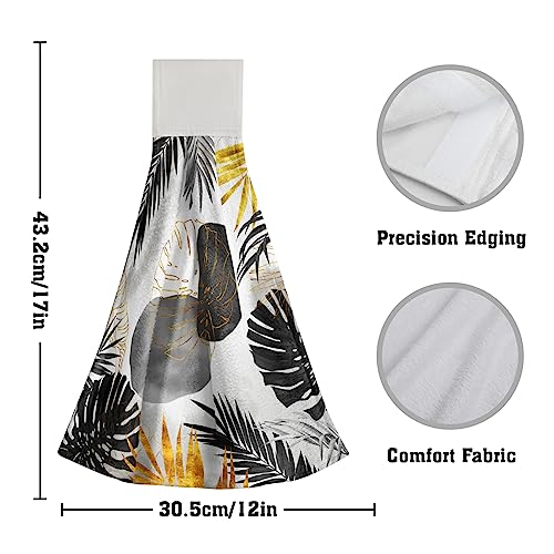 Giwawa Black and Gold Leaves Hanging Kitchen Towels 2 Pcs Tropical Palm Leaf Hand Towels Soft Tea Bar Dish Cloths Dry Towel for Bathroom Laundry - color: Black Gold Leaf