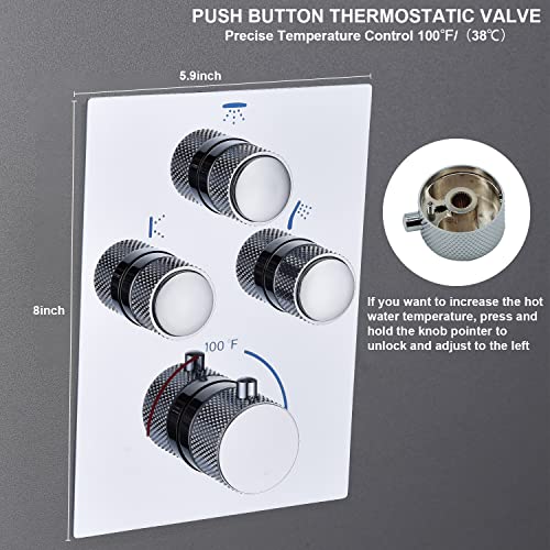 Rain Shower System,12 Inch Wall Mounted Rain Shower Head with Body Jets and Handheld Shower, Push Button Thermostatic Shower Faucet Set, Can Use all Options at a Time, Polished chrome - color: Polished Chrome, style: 12inch+4 body jets