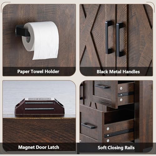 AMERLIFE 60" Brown Farmhouse Double Sink Bathroom Vanity, Solid White Top | Rustic Brown, Solid White Integrated Top, Moisture-Resistant MDF, 4 X-Panel Doors, 2 Drawers, Open Shelf, Paper Towel Holder - color: Rustic Brown, size: 60”