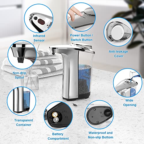 PZOTRUF Automatic Soap Dispenser, Touchless Dish Soap Dispenser 17oz/500ml with Infrared Sensor, 5 Adjustable Soap Dispensing Levels, Liquid Hand Dispenser for Bathroom Kitchen Sink (Silver) - color: Silver
