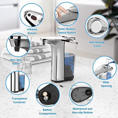 PZOTRUF Automatic Soap Dispenser, Touchless Dish Soap Dispenser 17oz/500ml with Infrared Sensor, 5 Adjustable Soap Dispensing Levels, Liquid Hand Dispenser for Bathroom Kitchen Sink (Silver) - color: Silver