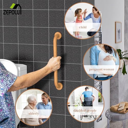Wood Grain Shower Grab Bar 16 Inch, Grab Bar for Bathtub and Shower | Stainless Steel, Wall Mount wooden grab bar, Bathroom Handrail, Balanced Support Assist Handle for Elderly Senior Handicap