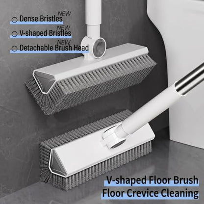 V-Shaped Floor Scrub Brush with Long Handle, Heavy-Duty Stiff Bristle Grout Cleaning Brush, 180° Rotating Tile Scrubber for Bathroom, Shower, Kitchen, Garage, Patio, Deck & Concrete Floors - color: New White Grey