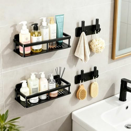 Corner Shower Caddy, 2 Pack No Drill Adhesive Shower Storage Shelves, Wall Mounted Bathroom Organizer Shelf with 2 Removable Hooks for Bathroom Kitchen