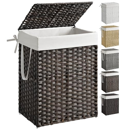 SONGMICS Laundry Hamper with Lid, 23.8 Gallon (90 L) Synthetic Rattan Clothes Laundry Basket with Lid and Handles, Foldable, Removable Liner, Chestnut Brown ULCB051K02 - color: Chestnut Brown, size: 90 L