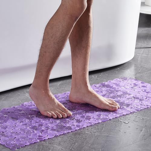Webos Bath Shower Mat Non Slip: Extra Large Pebble Bathtub mat for Families, Anti Slip Shower Matt with Drain Holes Suction Cups Tub Mat - 16 X 40 Inch Clear Purple - color: Pebble Clear Purple