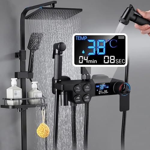 Thermostatic Shower Set Black Digital Display Rainfall Shower System, 4 Function Exposed Shower Faucet Set Brass Bathtub Faucet Wall Mounted Shower Fixture with Height Adjustable Shower Rod