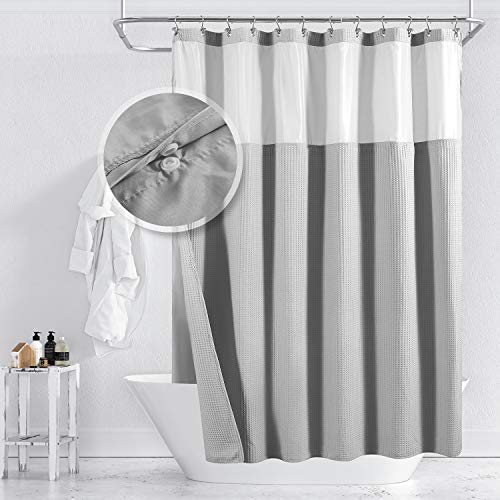 Barossa Design Cotton Waffle Weave Shower Curtain with Snap-in Liner Gray | Cotton Blend, Honeycomb Waffle, Fabric Snap on/off Liner, Water Repellent, Mesh Window, Machine Washable, 71x72 - color: Lake Wanaka Gray, size: 71"W x 72"L (Pack of 1)