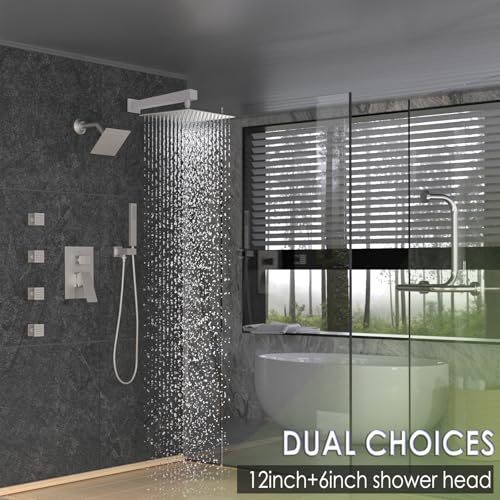 Enga Dual Shower Head System with Body Jets, 12"+ 6" Wall Mounted Dual Rain Shower Faucet with Valve Kit, Brushed Nickel - color: Brushed Nickel, style: Wall-12"+6"+Jets