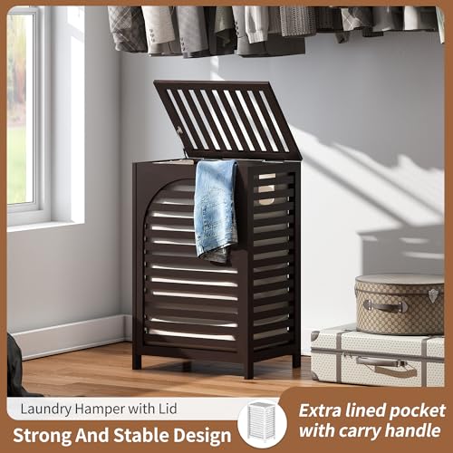 Laundry Hamper with Lid (16.9 * 13 * 26.5inches) Large Bamboo Laundry Bin Basket 85L Clothes Hamper with 1 Removable Bag Storage baskets for Bathroom(Brown) - color: Brown