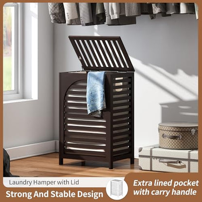 Laundry Hamper with Lid (16.9 * 13 * 26.5inches) Large Bamboo Laundry Bin Basket 85L Clothes Hamper with 1 Removable Bag Storage baskets for Bathroom(Brown) - color: Brown