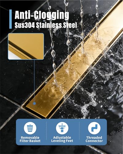 24 Inch Brushed Gold Linear Shower Drain | CUPC Certified 2-in-1 Tile Insert for Curbless Showers. 304 Steel, 15.8GPM Flow. Includes Hair Catcher & Adjustable Feet. - color: Gold, size: 24in