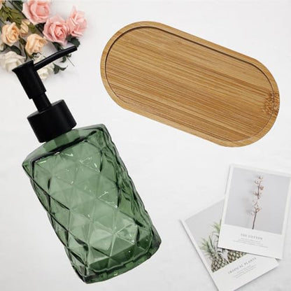 12oz Green Glass Hand and Dish Soap Dispenser Set, Diamond Design, Set of 2 | Bathroom Soap Dispenser with Plastic Pumps, Bamboo Tray for Hand Wash & Dish Wash, for Bathroom Kitchen Countertop - color: Green