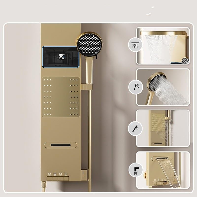 Modern Stainless Steel LED Shower Panel Tower Digital Temperature Display Multi-Function Wall Mount Column Rainfall Head Handheld Sprayer Body Massage Jets - color: Golden