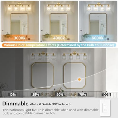 4 Light Bathroom Light Fixtures, Modern Crystal Vanity Lights over Mirror | Metal Frame, Bathroom Light with Square Crystal Shade, ETL Certified, E26 Ceramic Socket, Bulbs Not Included - color: Gold, size: 4-Light
