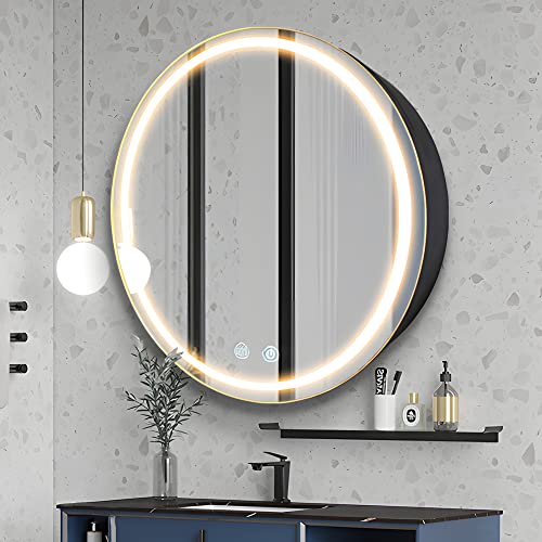 30 inch Round Medicine Cabinet with Lights,Led Medicine Cabinet with Defogger,Illuminated Mirror Cabinet for Bathroom,Dimmable,Defogger,3 Color Temperature 3000k-6500k Black - color: Black, size: 30inch