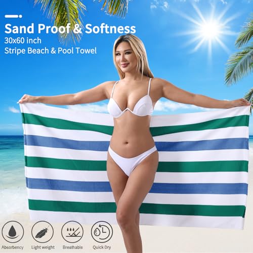 Beach Towel Set-4 Pack 30"x60" Sand Free Stripe Beach Towel for Pool,Bathroom,Soft Absorbent Quick Dry Lightweight Beach Bath Towel,Camping Blanket,Travel Towel,Beach Essentials for Adults,Green/Blue - color: Dark Green/Blue