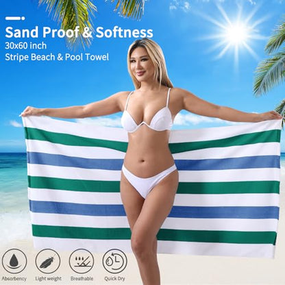Beach Towel Set-4 Pack 30"x60" Sand Free Stripe Beach Towel for Pool,Bathroom,Soft Absorbent Quick Dry Lightweight Beach Bath Towel,Camping Blanket,Travel Towel,Beach Essentials for Adults,Green/Blue - color: Dark Green/Blue
