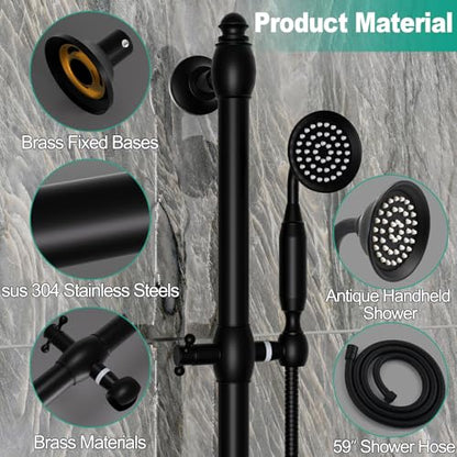 Brass Shower Slide Bar with Handheld Shower Head, Adjustable Height Wall-mounted Retro Hand Shower Head Holder with 59 inch Hose for Bathroom, Matte Black - color: Matte Black