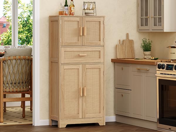47.2" H Tall Storage Cabinet with Adjustable Shelf, Rattan Cabinet, Cupboard for Living Room, Dining Room, Entryway, Home Office, Natural - color: Natural, 4 Doors