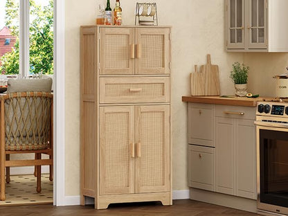 47.2" H Tall Storage Cabinet with Adjustable Shelf, Rattan Cabinet, Cupboard for Living Room, Dining Room, Entryway, Home Office, Natural - color: Natural, 4 Doors
