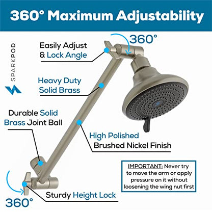 SparkPod 11" Extension Arm, Adjustable Height & Angle, Brushed Nickel | Adjustable Height & Angle, Sturdy Lock, Universal Connection, Transform your showers into rain shower experience - color: 2 - Elegant Brushed Nickel, style: 11 Inch Adjustable