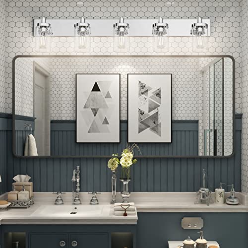 Aipsun Chrome Bathroom Light Fixtures 5 Light Bathroom Vanity Light Stainless Steel with Clear Glass Shade(Exclude Bulb) - color: Chrome, size: 5-Light