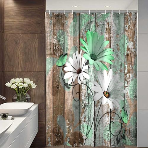 JAWO Farmhouse Flower Floral Shower Curtain, Rustic Green Daisy Shower Curtain Set, Country Green Wild Garden Plant Fabric Shower Curtain with Hooks, Brown Wooden Board Bathroom Curtain, 54x70inch - color: Daisy-green, size: 54"W x 70"L (Pack of 1)