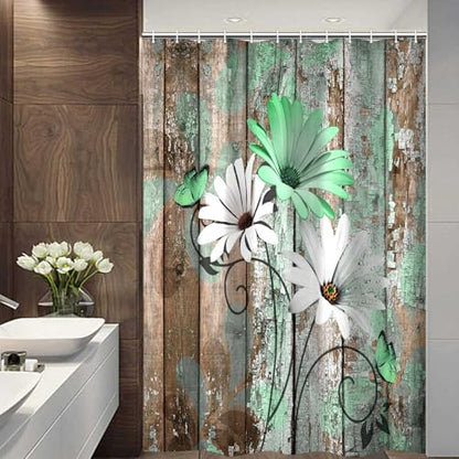 JAWO Farmhouse Flower Floral Shower Curtain, Rustic Green Daisy Shower Curtain Set, Country Green Wild Garden Plant Fabric Shower Curtain with Hooks, Brown Wooden Board Bathroom Curtain, 47x64inch - color: Daisy-green, size: 47"W x 64"L (Pack of 1)