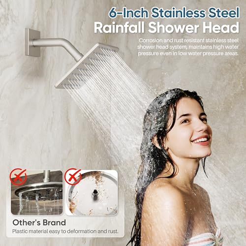 Nickel Shower System, Brushed Nickel Shower Faucet Set, 10'' Ceiling Shower Head, 6'' Wall Mounted Shower Head, 3 In 1 Push Button Shower Valve Kit, Waterfall ShowerHead with Handheld, Brushed Nickel - color: Brushed Nickel