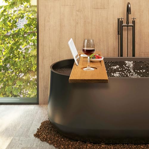 VaeFae Teak Wood Bathtub Tray Table with Wine and iPad Holder | Thoughtful design, Luxury experience, Smooth Surface, Multi-Slot Layout - size: 34.3" x 7.8" x 0.8"