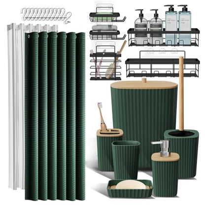 Clara Clark Bathroom Set, Shower Curtain Set and Shower Caddy Hanging | 25 Piece Hunter Green Bathroom Accessories Set with Toothbrush Holder, Soap Dispenser, Soap Dish, Toilet Brush, and Trash Can - color: Hunter Green, size: Complete Set + Shower Caddy