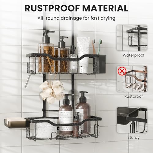 Shower Caddy Hanging 2-Tier Shower Organizer for Tall Showerhead,Rustproof Over Shower Head Rack,No Drill Bathroom Shower Caddy with Soap Dish,Toothbrush Holder and Hooks, Black - color: Upgraded Black