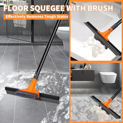 Floor Squeegee for Concrete Floor,Heavy Duty Shower Garage Floor Squeegee Broom with Scrubber Brush and 62" Long Handle for Bathroom Tile,Garage, Deck,Pool,Outdoor Floors,16 Inch,Orange