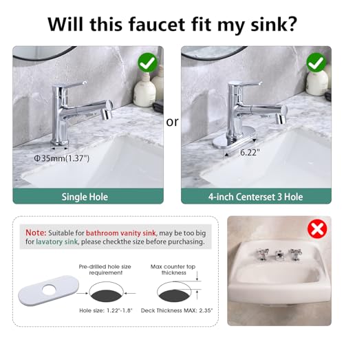 Bathroom Sink Faucet with Pull Out Sprayer, Single Handle Modern Bathroom Basin Faucet with Pop-up Sink Drain Stopper & Deck Plate 1 or 4-inch Centerset 3 Hole, Chrome - color: Chrome