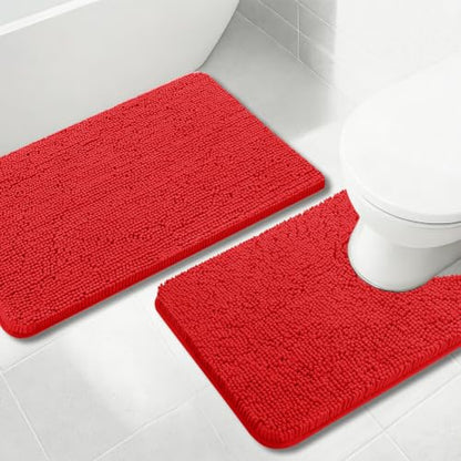 Bathroom Rugs Chenille, Extra Thick and Absorbent, Non-Slip, Machine Washable, Dry Quckily, Soft Cozy Plush, Used Under Shower Bathtub and Sink, Bath mat Sets Red - color: Red, size: 20 x 32 inch + 20 x 20 inch (U-Shape)