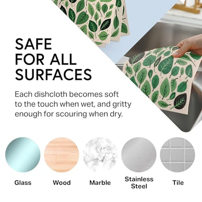 Swedish Wholesale Dishcloths Reusable 8" x 7" Sponge Cloths, Bulk 10 Pack of High Absorbent Cellulose Dish & Kitchen Cleaning Hand Towels, Wring to Dry & Machine Wash, Odor Resistant, Leaves - color: Leaves