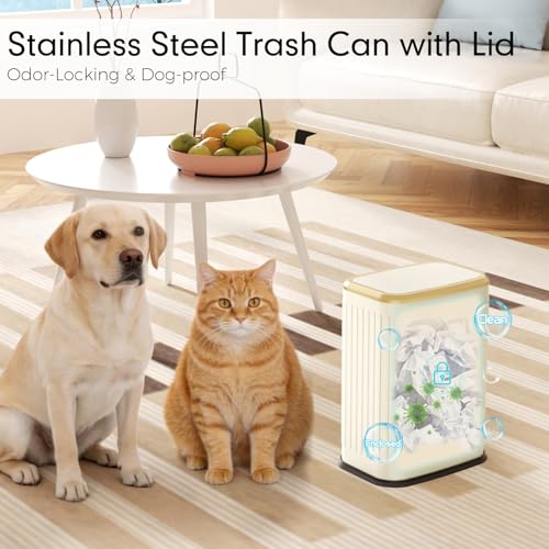 Bathroom Trash Can with Lid 8L/2.1 Gallon Beige Trash Can Small Garbage Can with Swing Top Lid Slim Stainless Steel Garbage Can with 100 Counts Trash Bags for Bathroom Bedroom Kitchen Office Toilet - color: Beige Stripe, size: Swing-Lid Trash Can