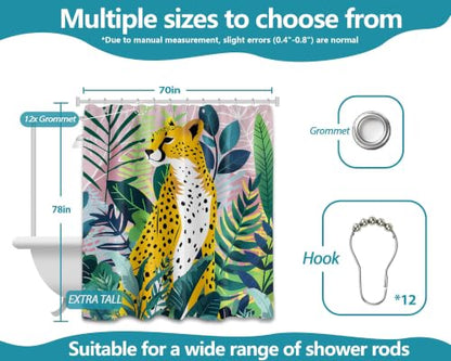Tropical Leopard Extra Long Shower Curtain, Tall 72x78 in | Tall 78 inch XL, Floor to Ceiling, Pink and Green Natural Leaves Pattern, Waterproof Polyester Fabric, with Metal Hooks - color: Cheetah, size: 70"W x 78"L (Pack of 1)