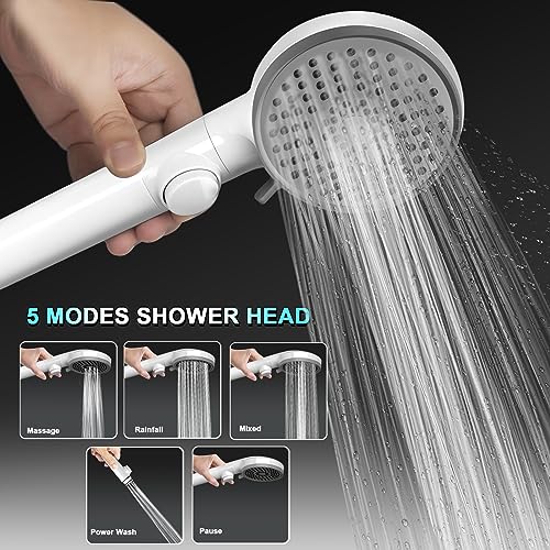 RV Shower Head with Hose, High Pressure 5 Mode Shower head Replacement, Showerheads for RV/Campers, Travel Trailer, Motorhome for Water Saving, Shower Head Holder and Hose, On Off Switch, White - color: Premium White