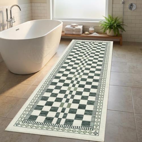 GarveeHome 2x6 Runner Rug for Bathroom Modern Abstract Checkered Carpet | Contemporary Non-Slip Low Pile Throw Rugs Easy-Clean Sage Green Long Runners Premium Soft Area Rug for Kitchen Hallway - color: Green, size: 2' x 6' (Rectangular)
