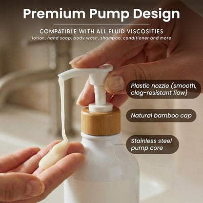 MaisoNovo Soap Dispenser Bathroom Set of 2-16.9 oz Bathroom Soap Dispenser Set - White Plastic Bottles x 2 with White Bamboo Pumps & Tray - color: White Bottles White Pumps
